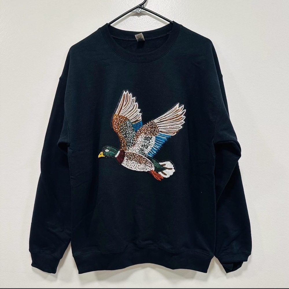 Duck hunting mallard duck sequin glitter Black Sweater with Duck Design!